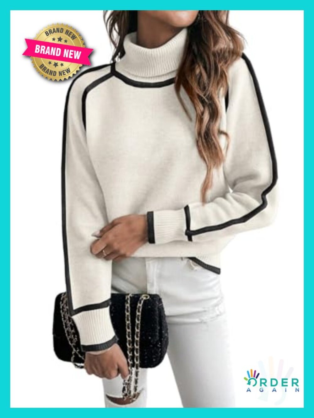 Women's Chunky Knit Turtleneck Pullover Sweater Long Sleeve Color Block Cozy